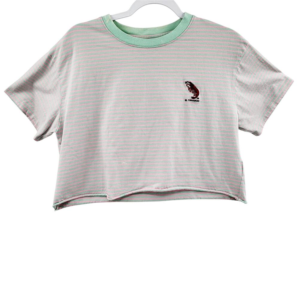Forever 21 x Loteria Don Clemente Lobster Crop Top Pink & Green Striped Womens L
